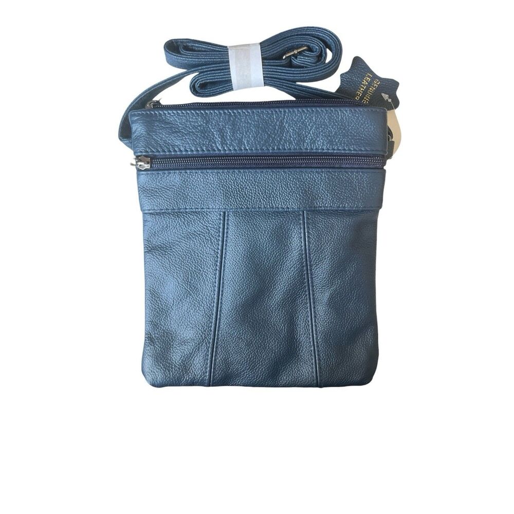 Maze Blue Pebbled Leather Crossbody Bag Adjustable Strap Zipper 7-1/2 x 9"